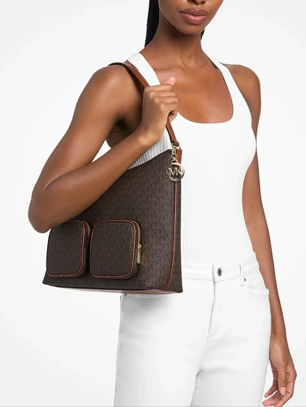 Michael Kors Merritt Large Brown Signature Logo Cargo Shoulder Bag